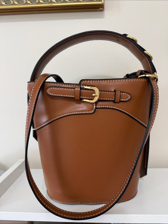 Zara Handbags - Structured Brown Leather Bucket Bag with Buckle Detail